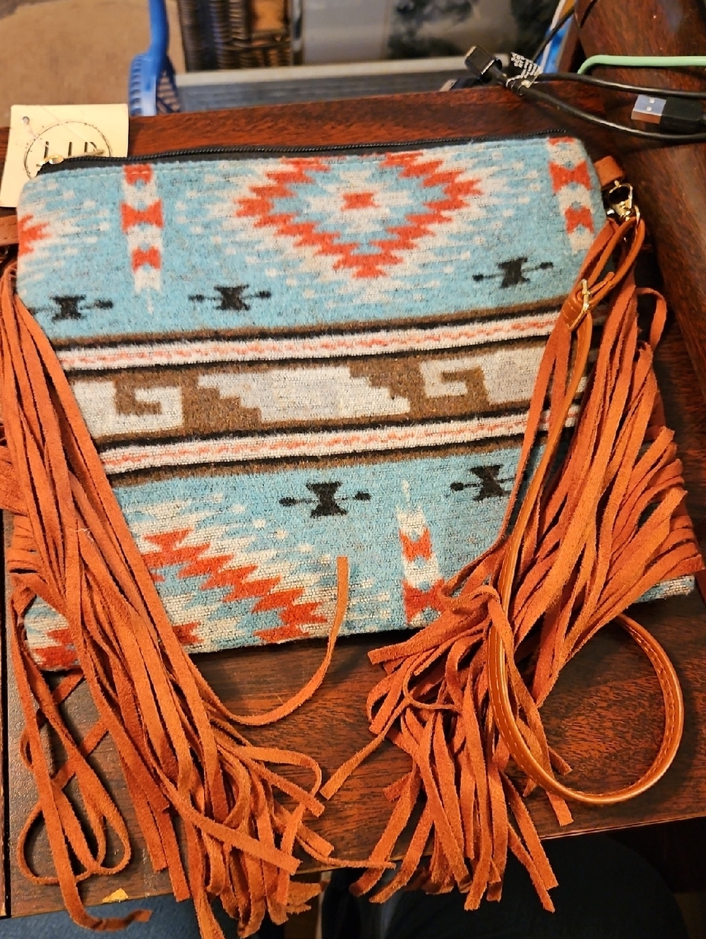 Turquoise Aztec Fringe Crossbody Bag - Southwest Pattern